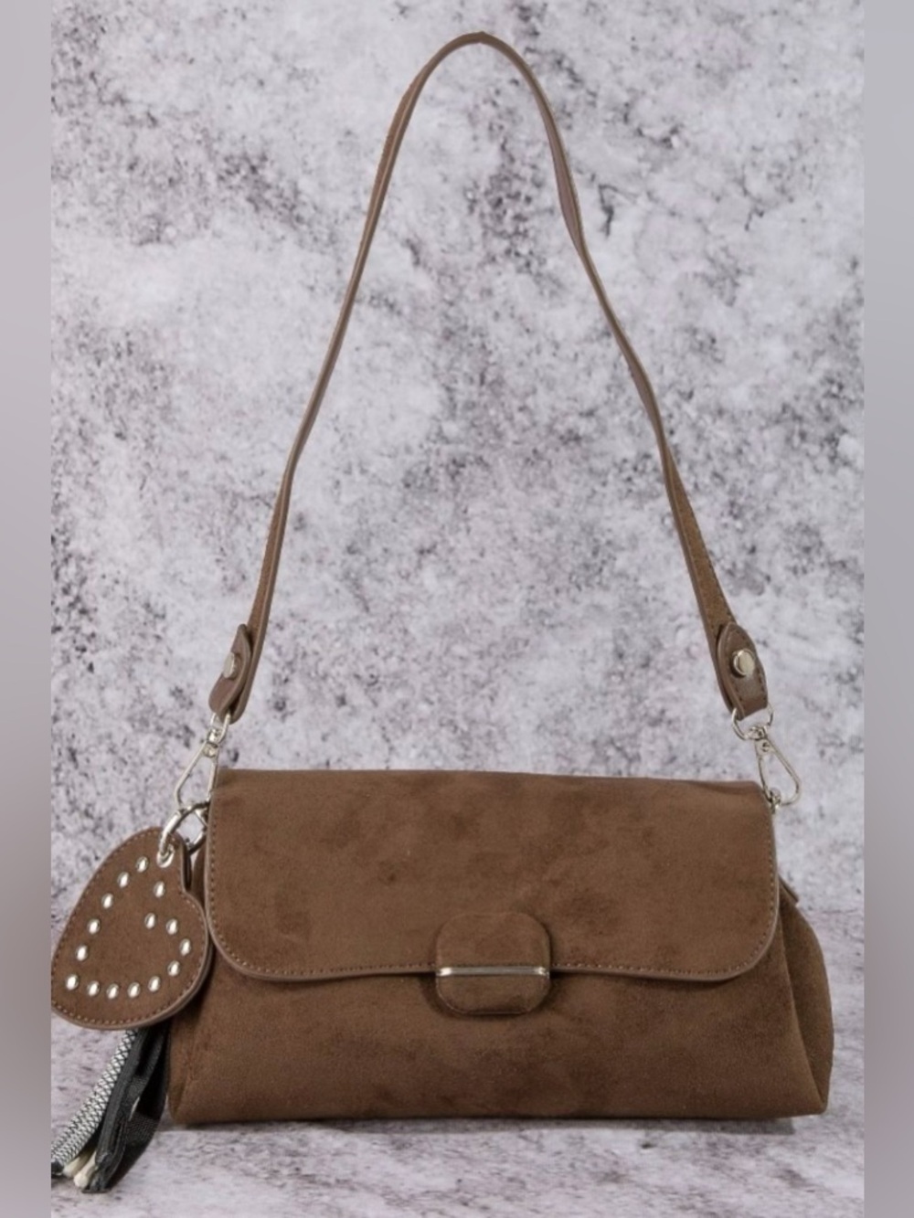 Fame Heart And Tassel Accent Suede Shoulder Bag